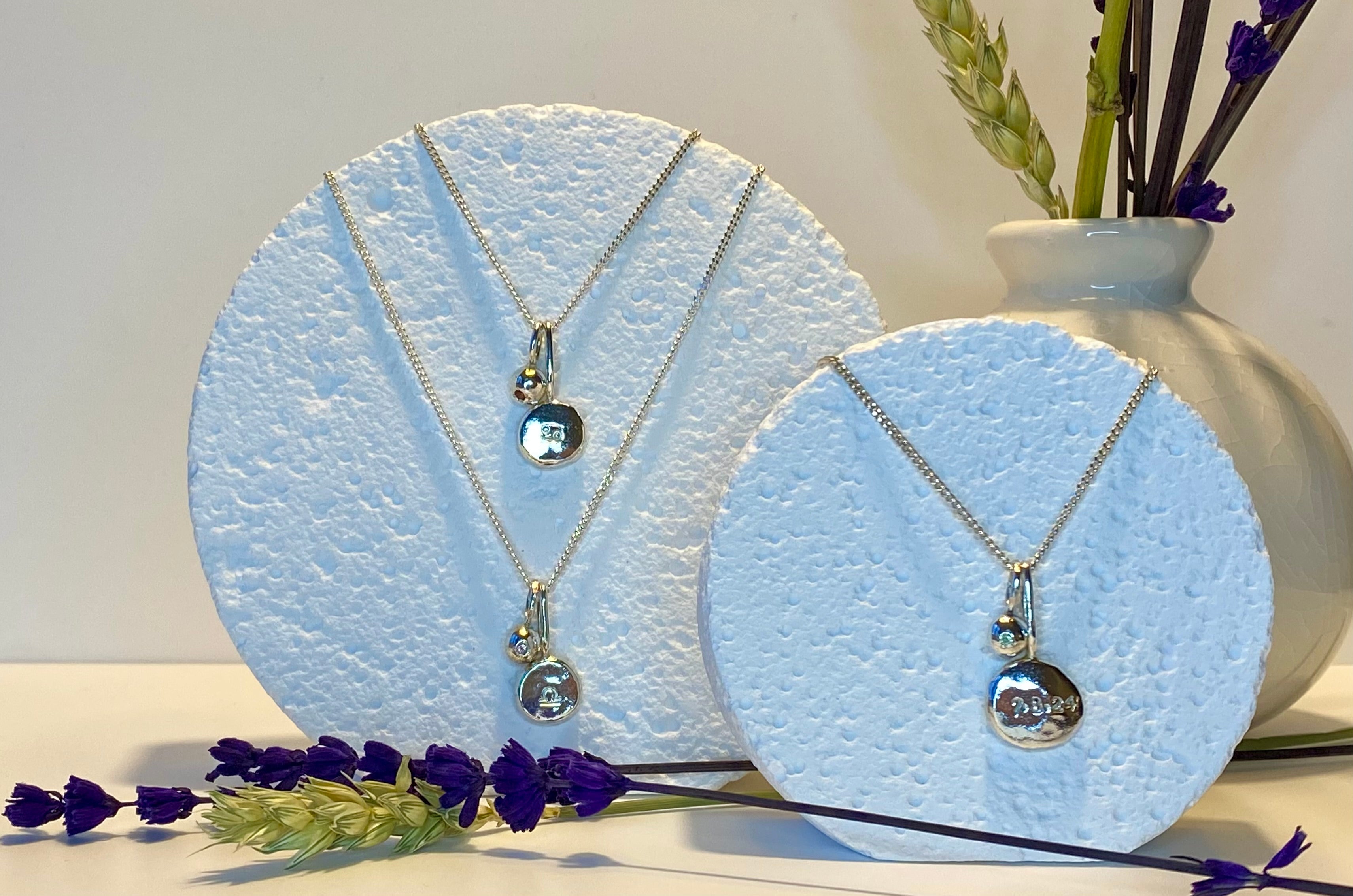 Coriandoli Charm with hand stamped Initial/Date/Zodiac sign & Petite Organic Pepita Charm with Birthstone