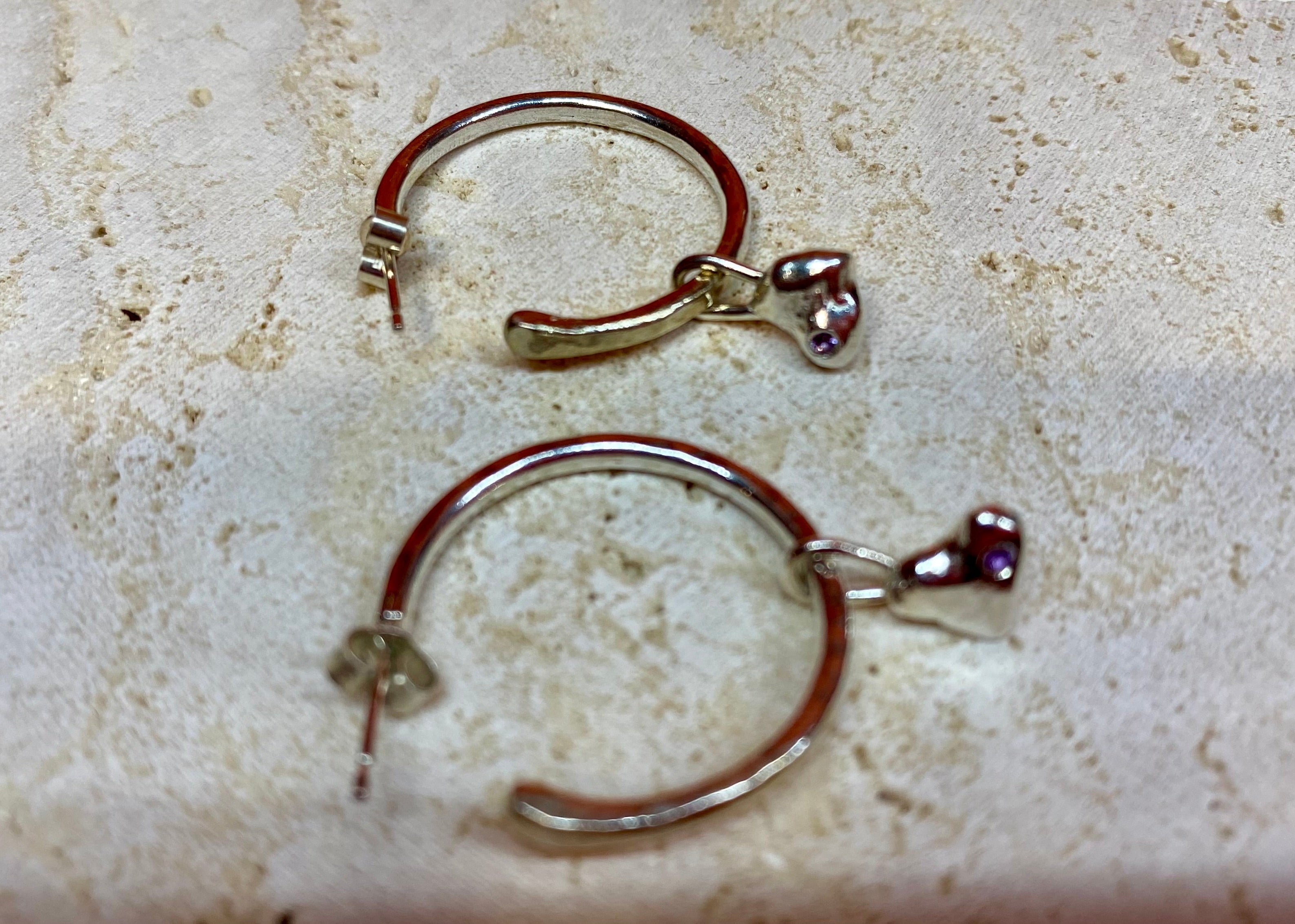 Small c-hoops with molten heart charm & birthstone