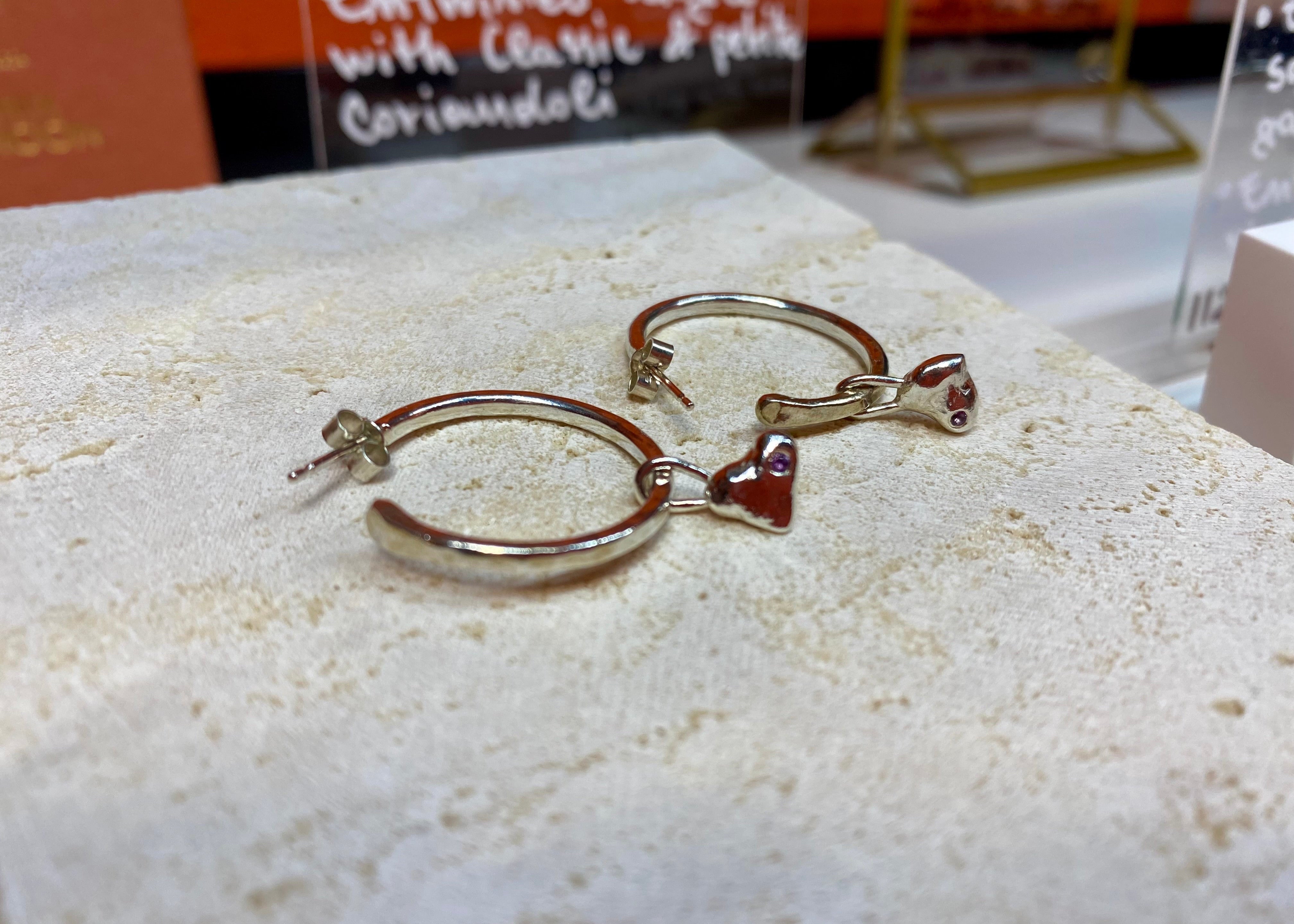 Small c-hoops with molten heart charm & birthstone