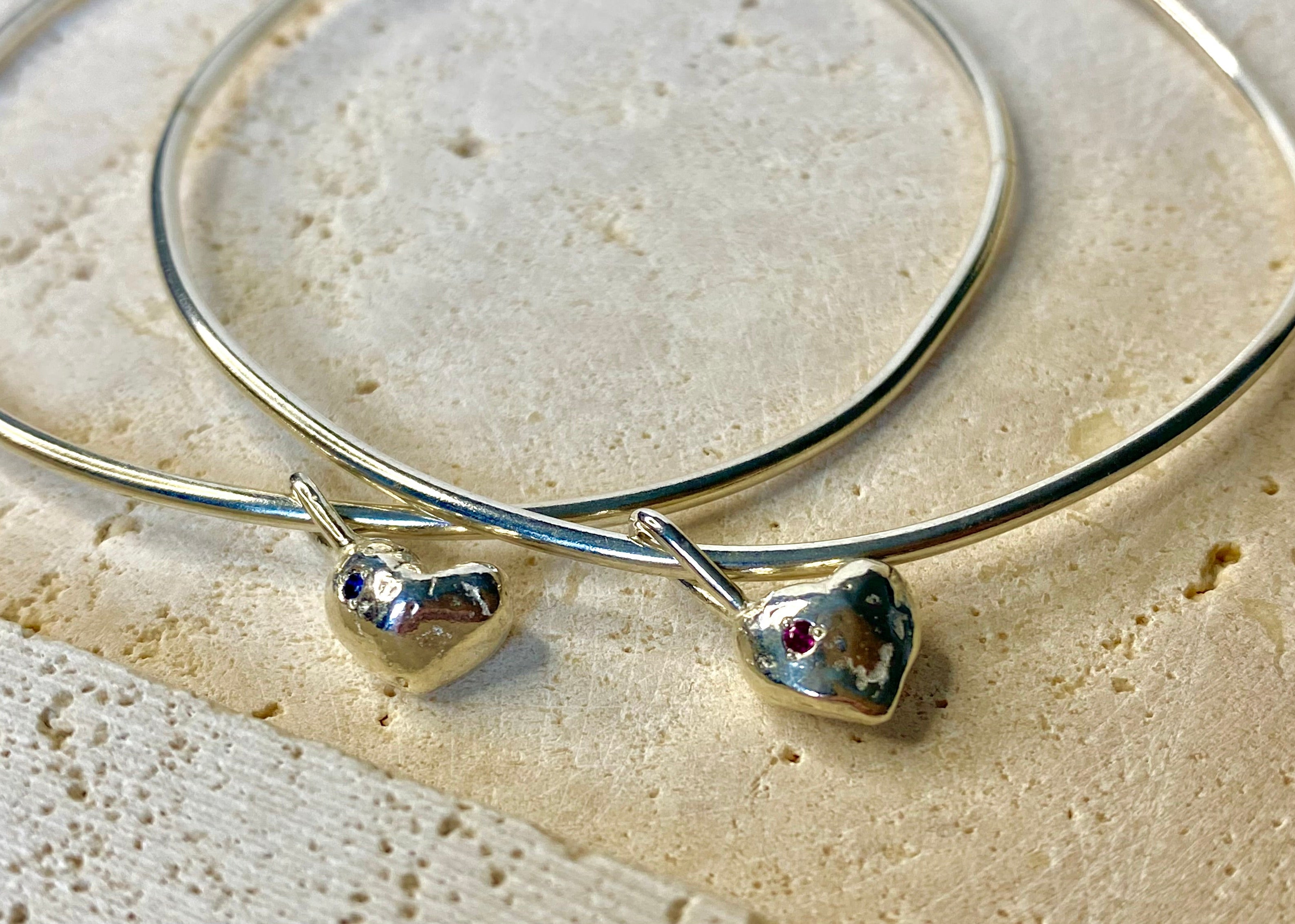 The molten heart charm organic bangle with birthstone