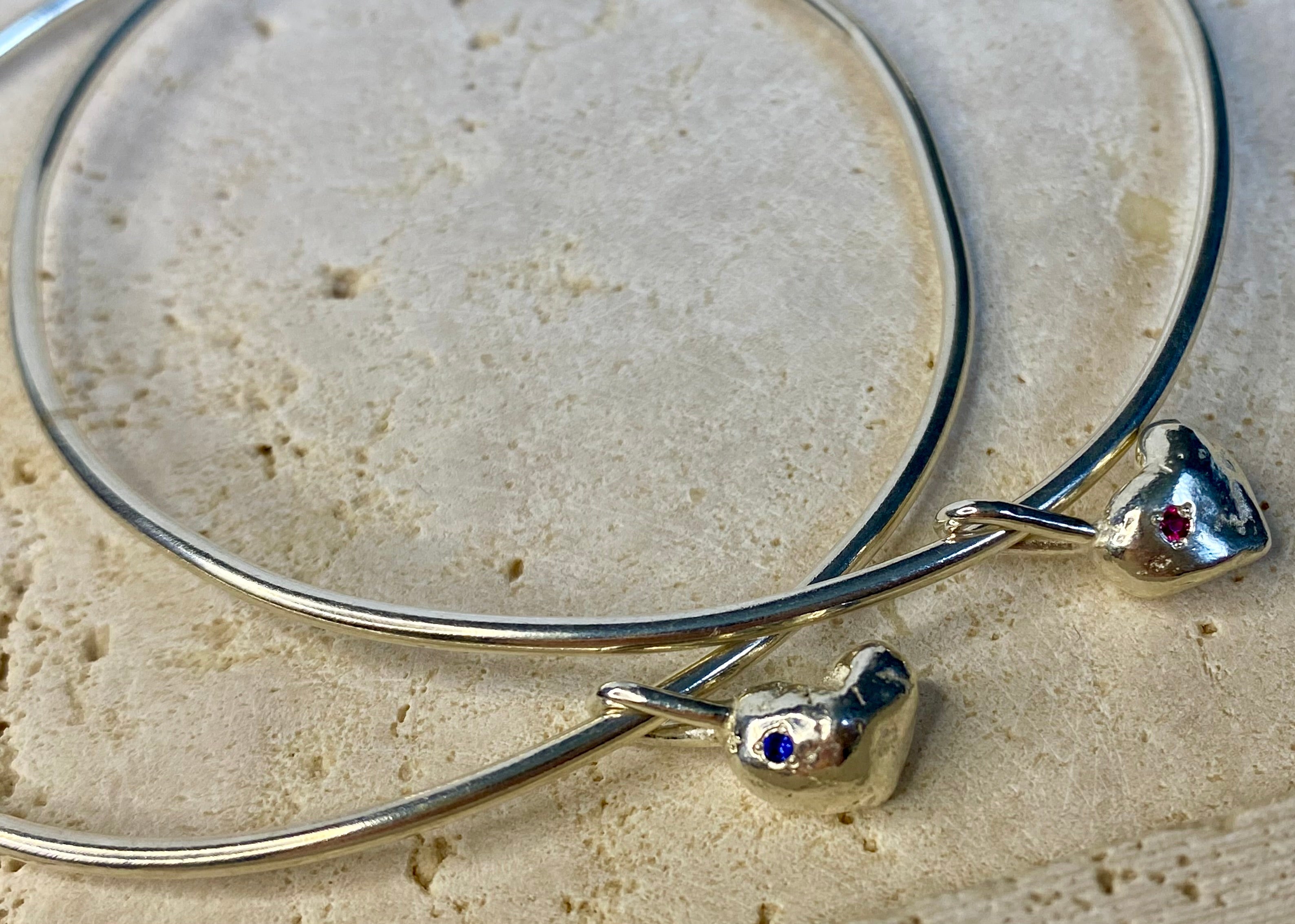 The molten heart charm organic bangle with birthstone