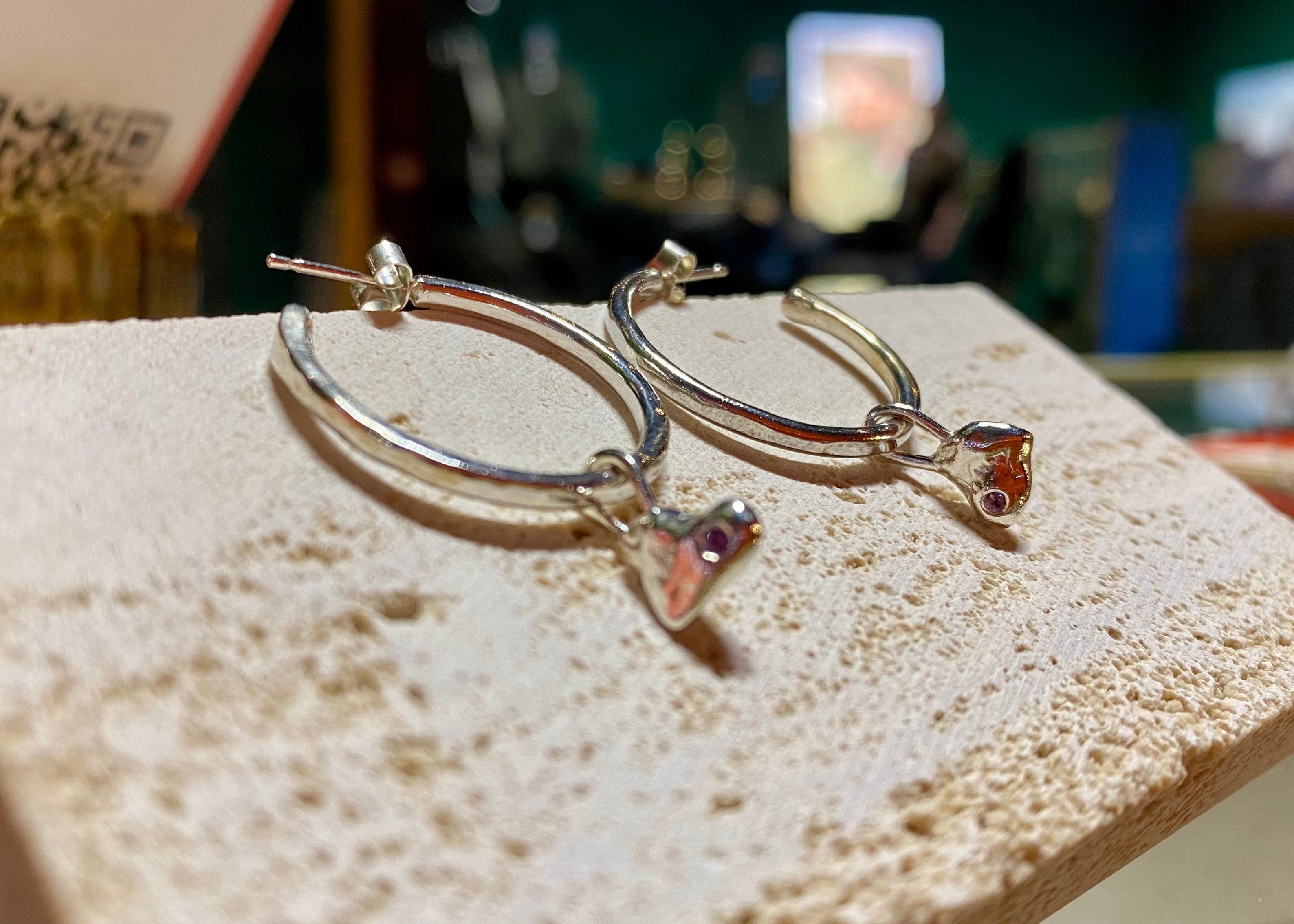 Small c-hoops with molten heart charm & birthstone