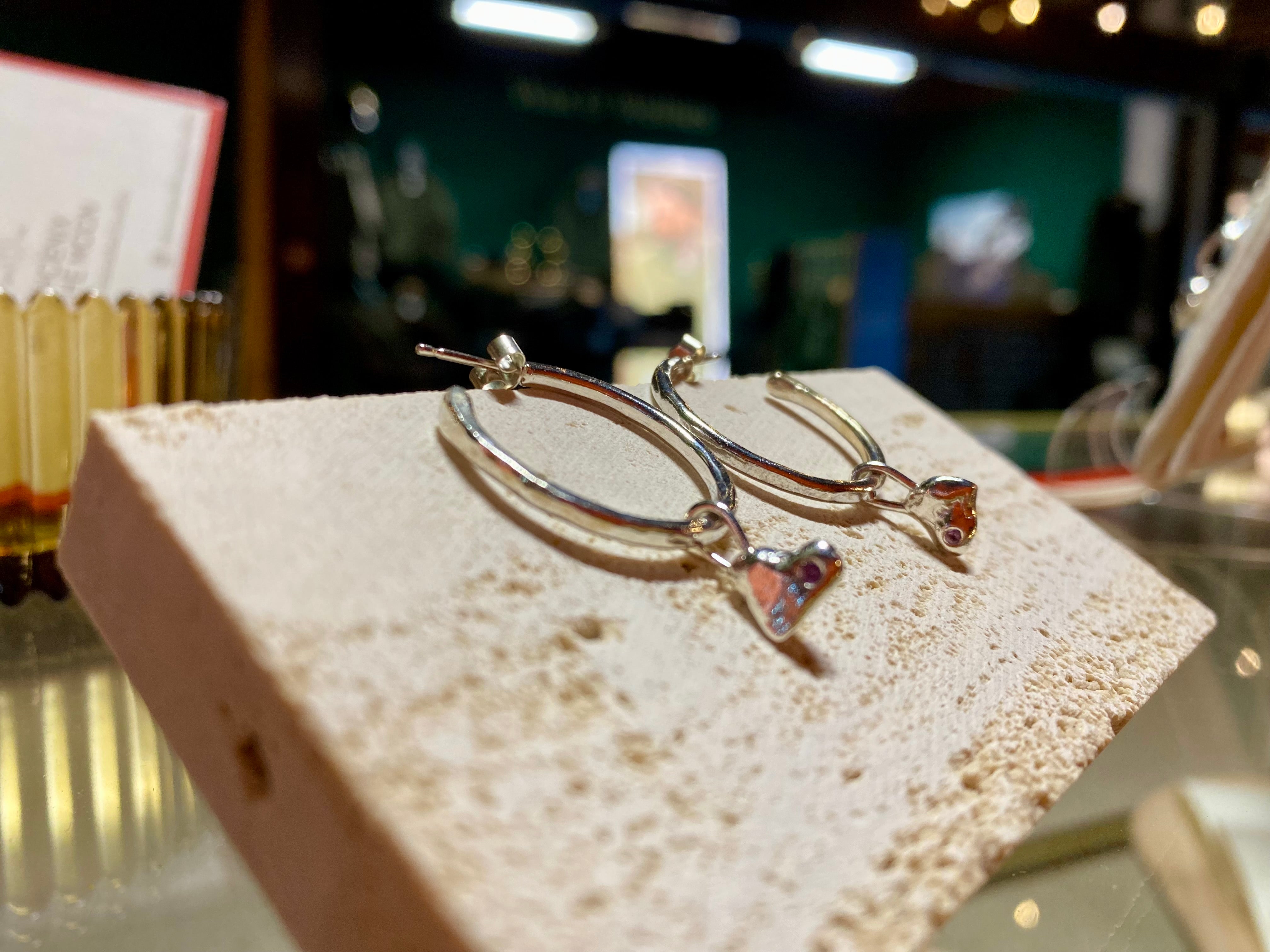 Small c-hoops with molten heart charm & birthstone